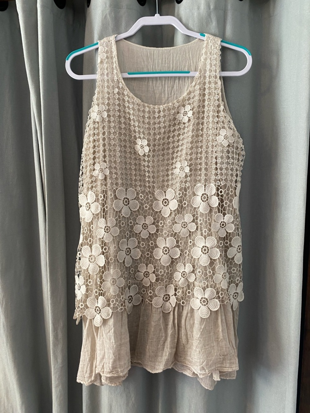 Cream Floral Lace Midi Dress with Gauzy Tank Style Bodice, Women’s Size Small